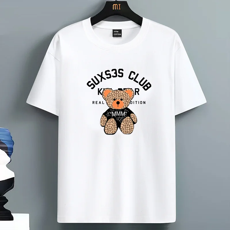 

Luxury Summer For Men's 100% Cotton Casual Loose Cute Bear Print Round Neck Short Sleeved T-shirt Top High Street Unisex Style
