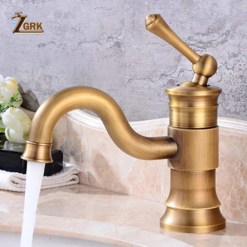 

ZGRK Basin Faucets Antique Brass Faucet Single Handle Vintage Deck Mount Torneiras Hot Cold Bathroom Mixer Water Tap