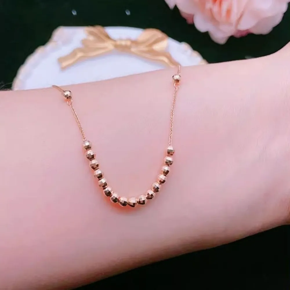 Real Pure 18K Rose Gold Chain Women Lucky Carved Laser Beads Link Wheat Bracelet Anklet