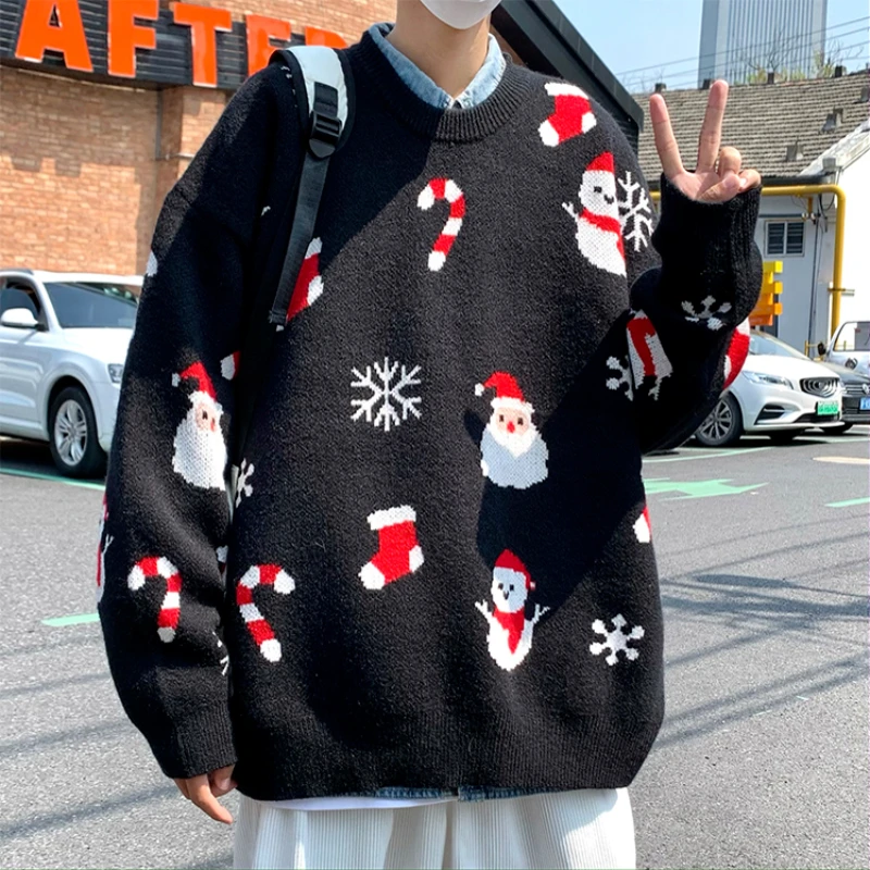 Pullovers Men Warm Loose Casual Streetwear Autumn Couple Cartoon Knitting Teenagers American Style Fashion Round Neck Daily Soft