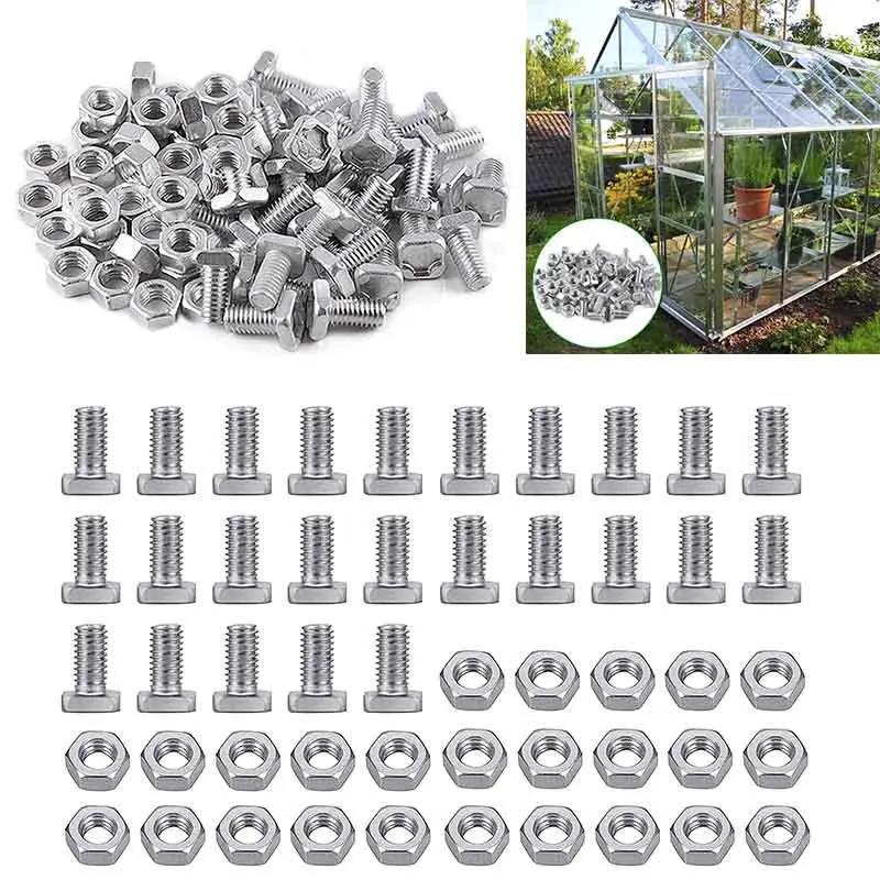 50/100pcs M6x12mm Greenhouse Bolts Nuts Set  Aluminium Square Head Bolts Greenhouse Clips Home Hardware Repair Kit