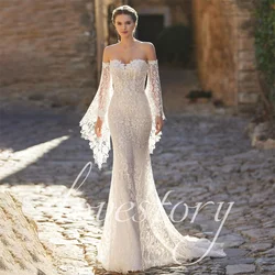 Off The Shoulder Boho Mermaid Wedding Dress Beach Bride Dresses Lace Full Sleeves Bridal Gowns Vestido De Novia Robe De Mariée
