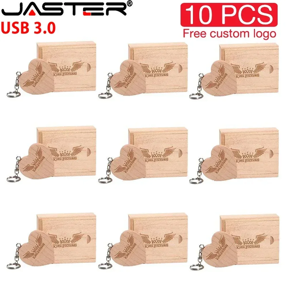 JASTER 10PCS/LOT Wooden Heart USB 3.0 Flash Drives 128GB  Free custom logo key chain Pen drive 64GB 32GB Business gift USB stick