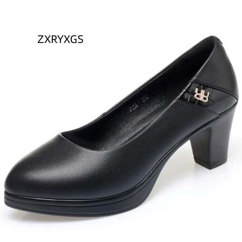 ZXRYXGS Elegant Comfortable Genuine Leather Black Shoes Woman New High Heels 2023 Large Size Fashion Workplace Work Shoes Pumps