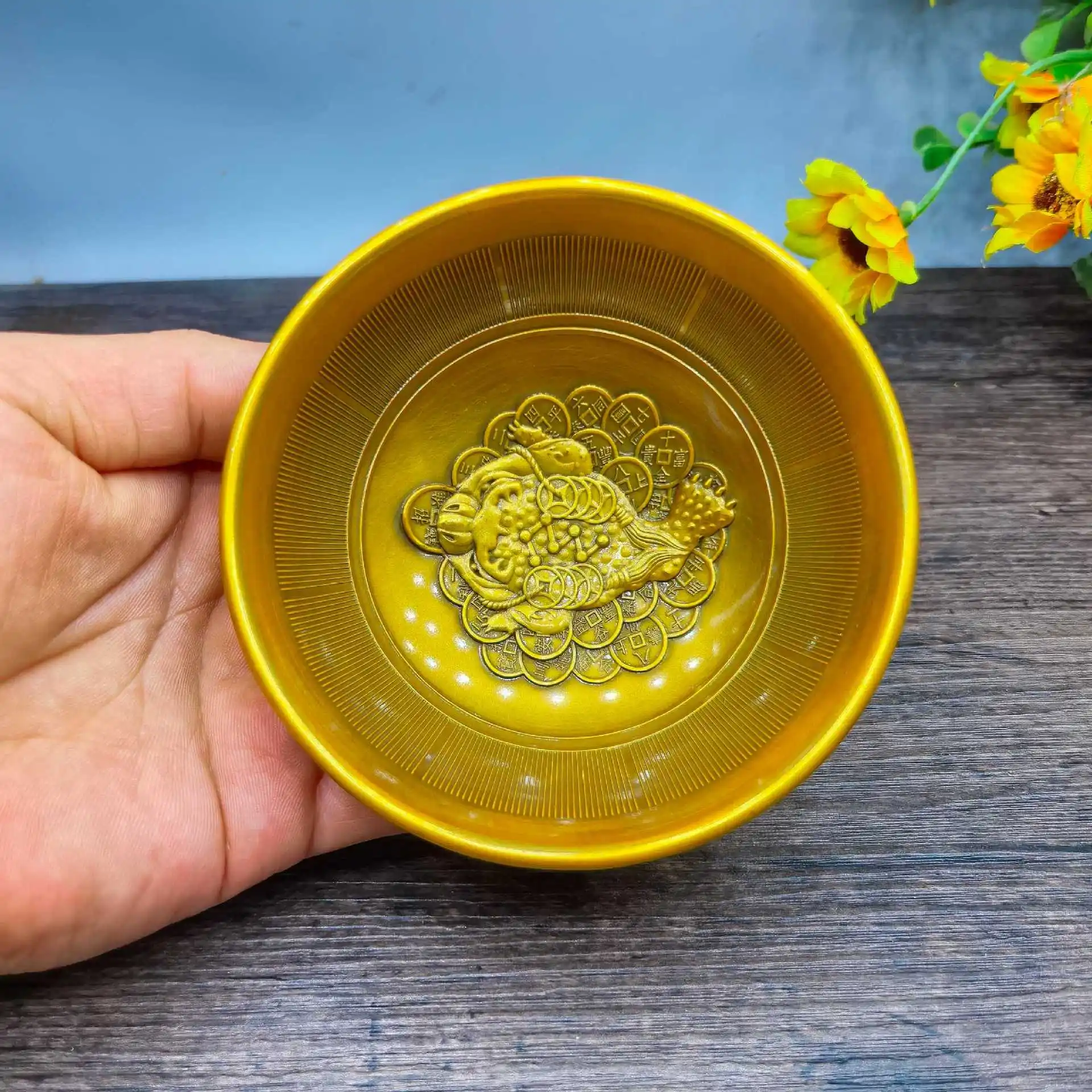 Vintage Brass Bowl Embossed Dragon Phoenix Pattern Metal Treasure Basin Chinese Style Desktop Home Decor Ornament