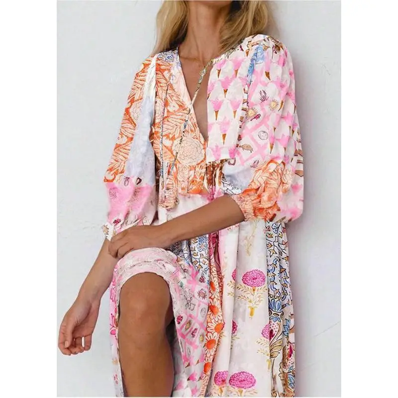 Combhasaki Donna Estate Boho Beachwear Manica a lanterna Scollo a V con cinghie Stampa floreale Abito lungo da vacanza a vita alta vestibilità ampia