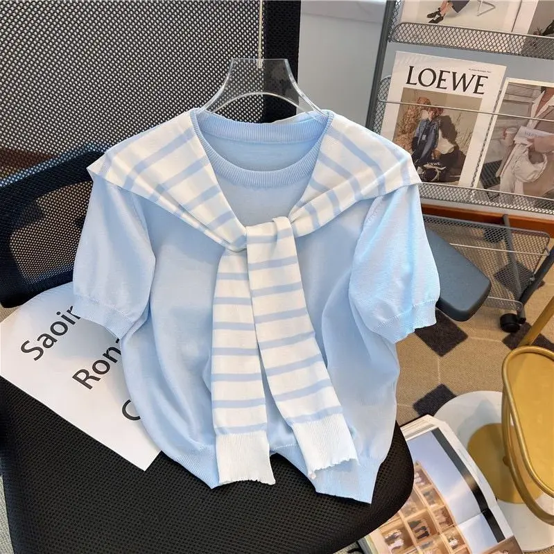 2026 New White Short-sleeved Summer New Style Knitted Sweater with Striped Shawl  Niche Two-piece Top Women's T-shirt