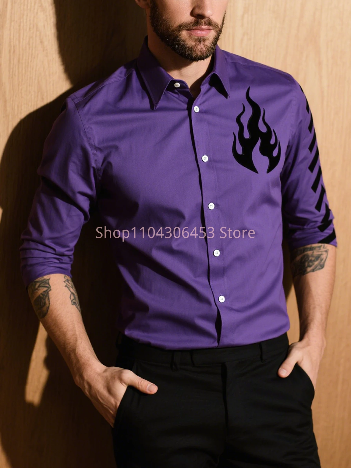 

2025 Original Design Passionate Flame Printed Shirt Solid Color Long Sleeve Lapel Business Casual Shirt Hawaii Beach Vacation
