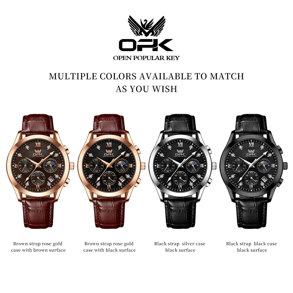 OPK 브랜드 남성용 가죽 벨트 야광 쿼츠 시계 남성용 8162