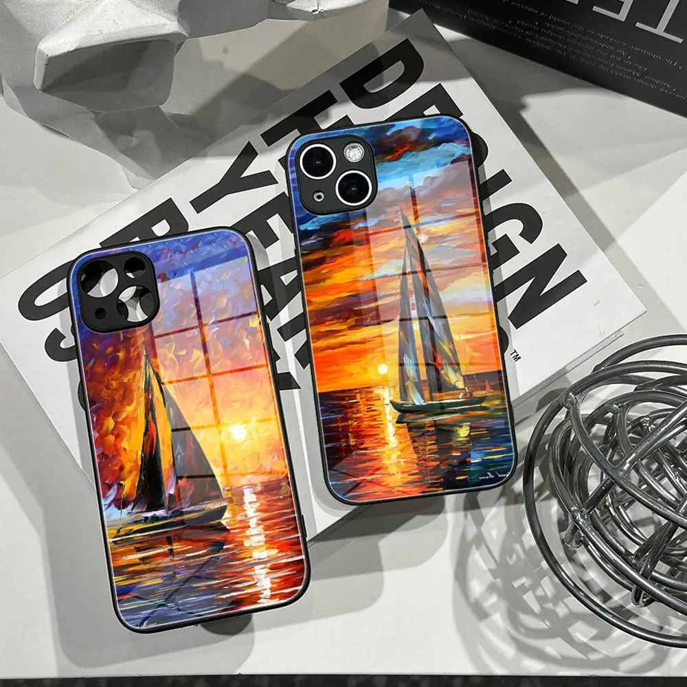 Sailboat Art Oil Paiting Phone Case Tempered Glass Shell FOR IPhone 16ProMAX 14 12 17Pro Air 15 16 Plus 13 Pro MAX Cover