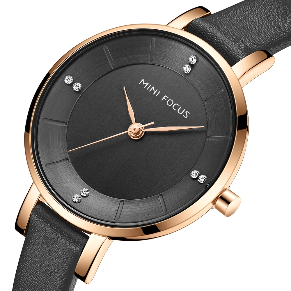 MINI FOCUS MF0255L Big Dial Diamonds Watches Women Fashion Leather Strap Water Resistant Quartz Wristwatch