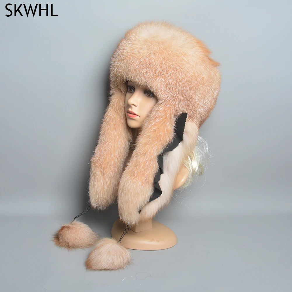 

2024 New Women Real Fur Bomber Hats Lady Winter Warm Luxury 100% Natural Fox Fur Hat Fashion Fluffy Fox Fur Rex Rabbit Fur Caps