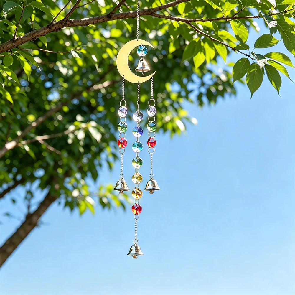 Mondförmiger Metall-Sonnenfänger, Hängeanhänger mit bunten Kristallperlen und Glöckchen, Ornament für Fenstervorhänge, Heim- und Raumdekoration – Detail 1