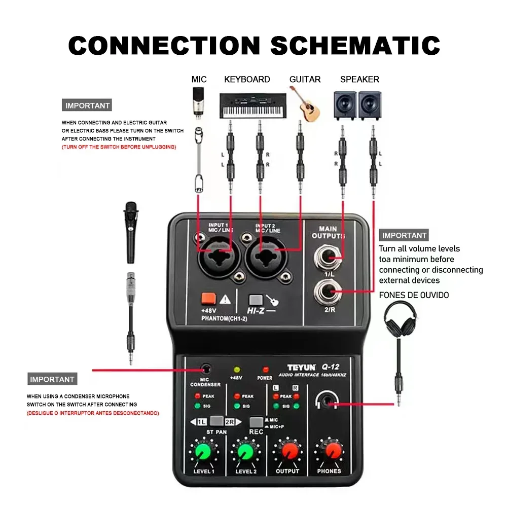 Teyun q12 2 kanäle profession elle tragbare audio-schnitts telle soundkarte konsole mini usb mischer für gitarren aufnahme studio singen