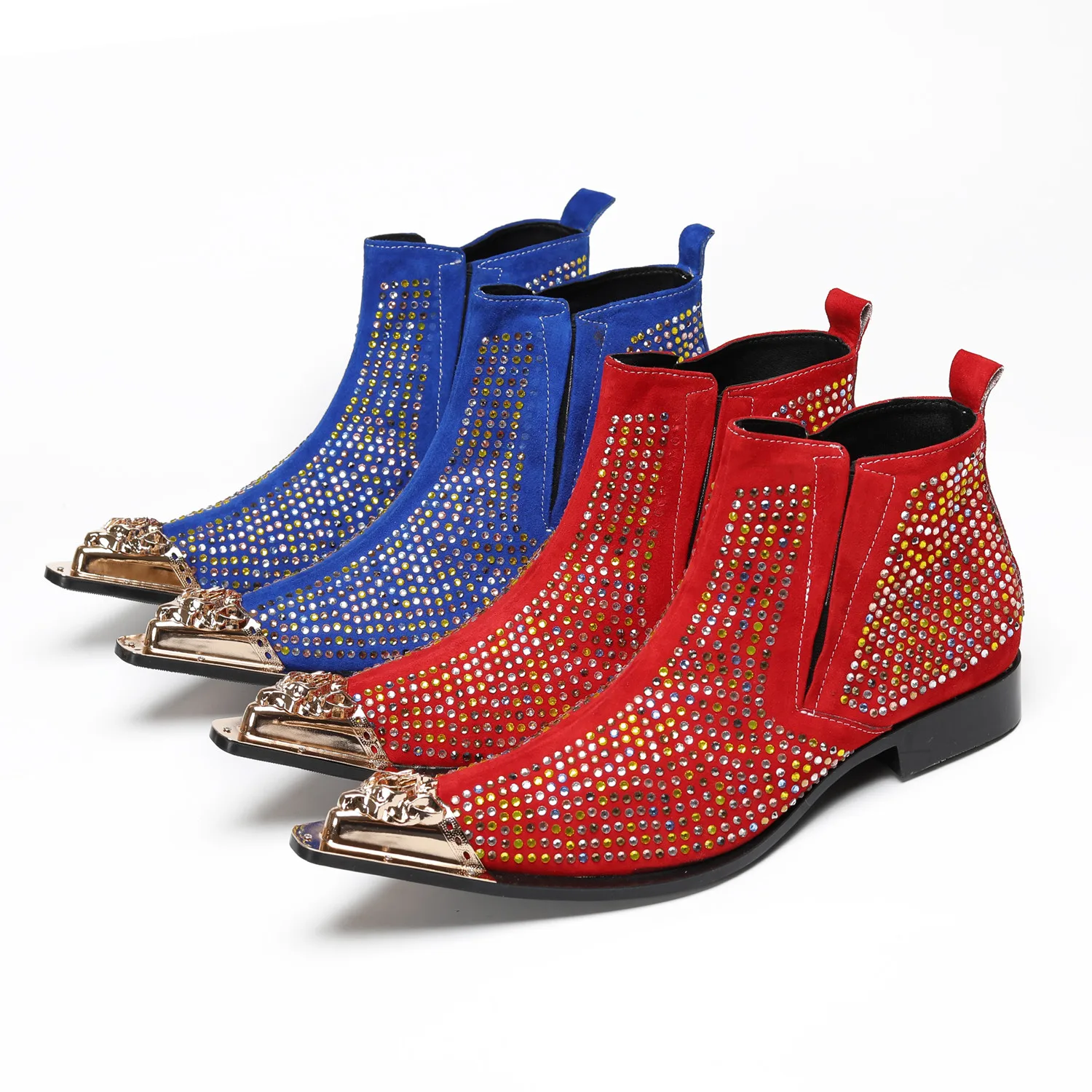 

Luxury Male Suede Leather Rhinestone Party Dress Boots Plus Size Formal Shoes Club Short Boots Pointed Toe Men Ankle Boots