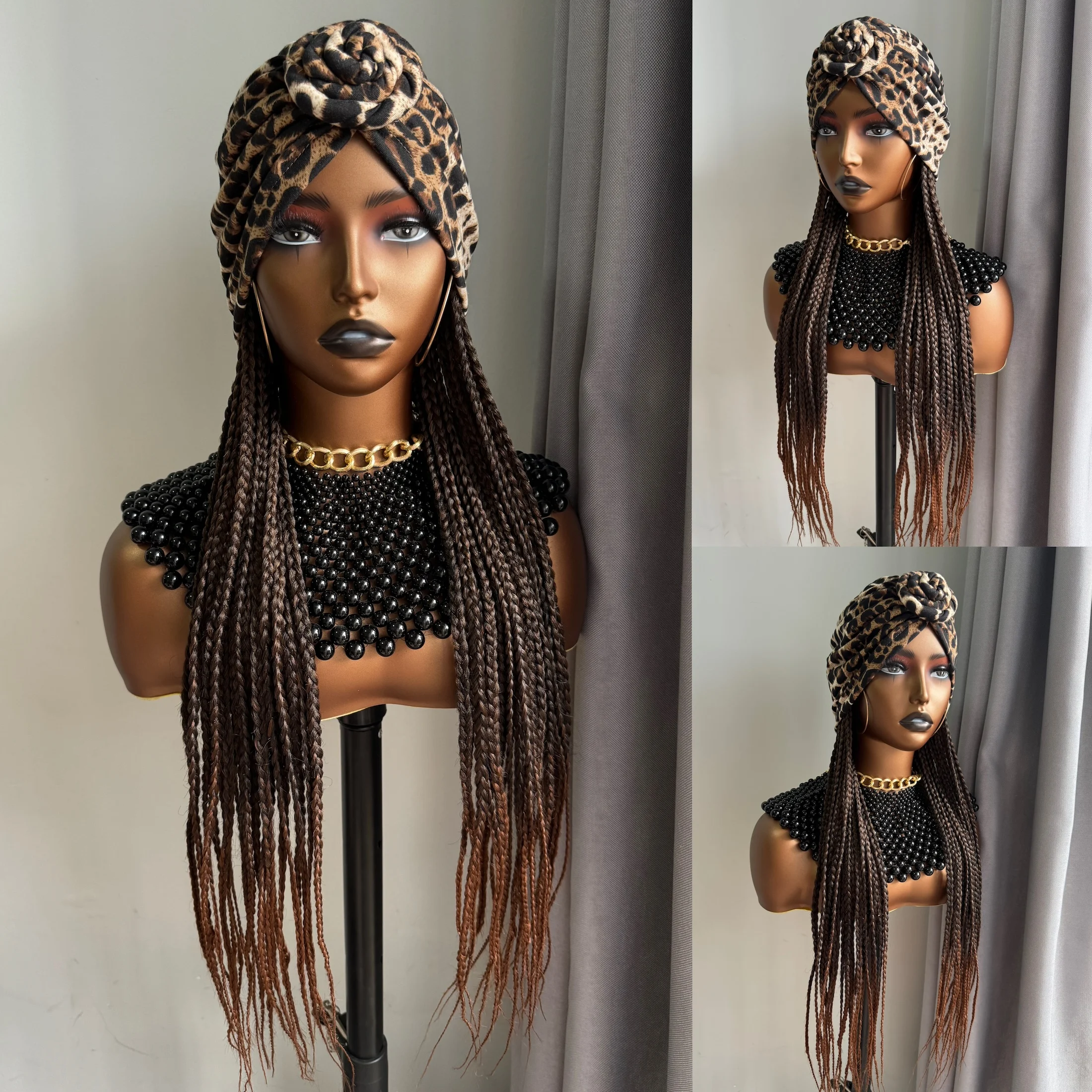 

Long 24Inch Synthetic Ombre Black Brown Braided With Leopard Print Headband Turban Braiding Hair Extensions Wig For Black Women