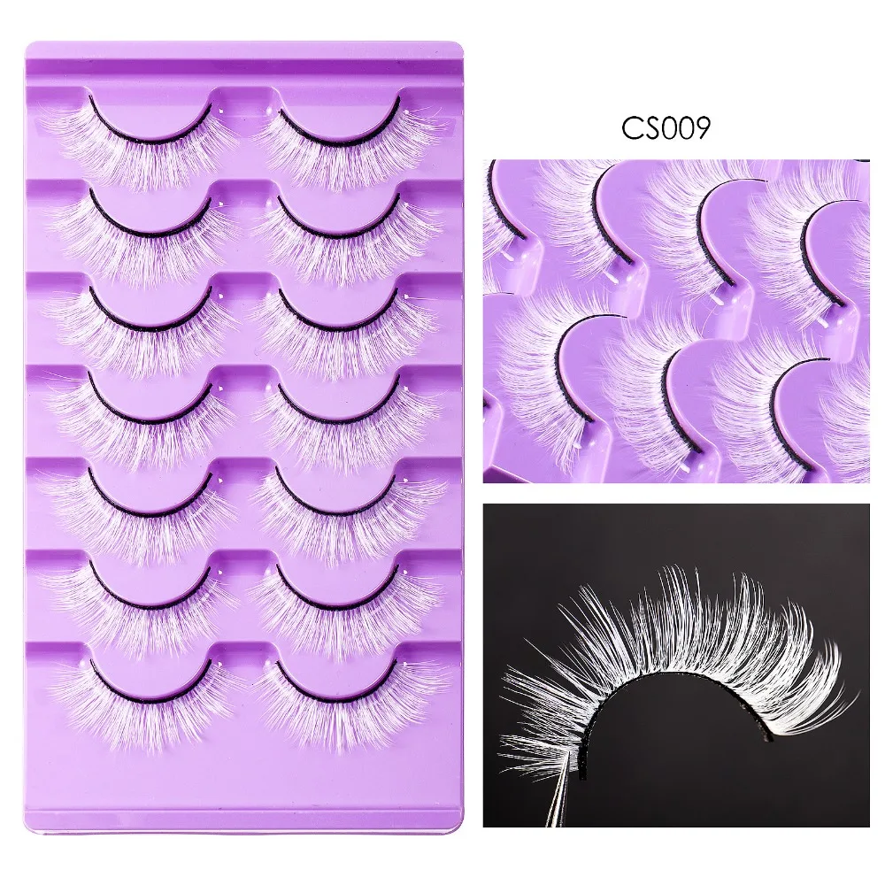 

7 Pairs White False Eyelashes Exaggerated Reusable 3D Curled Lashes Faux Fibre Lashes Extension Thick Fluffy Lashes Stage Makeup