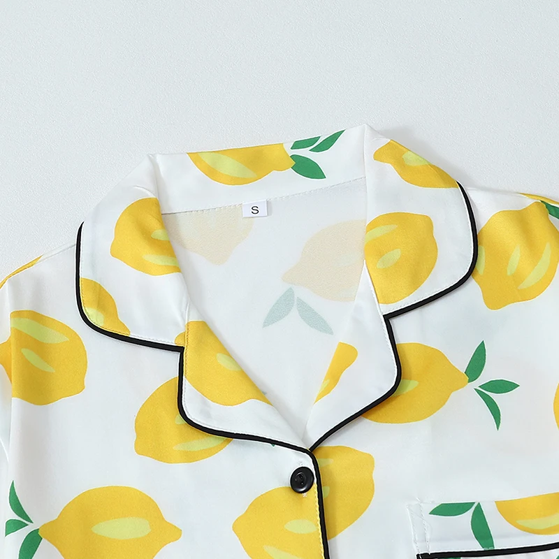 2Pcs 귀여운 레몬 인쇄 여성 잠옷 세트 버튼 업 셔츠 느슨한 반바지 편안한 여성 잠옷 패션 디자인 양복
