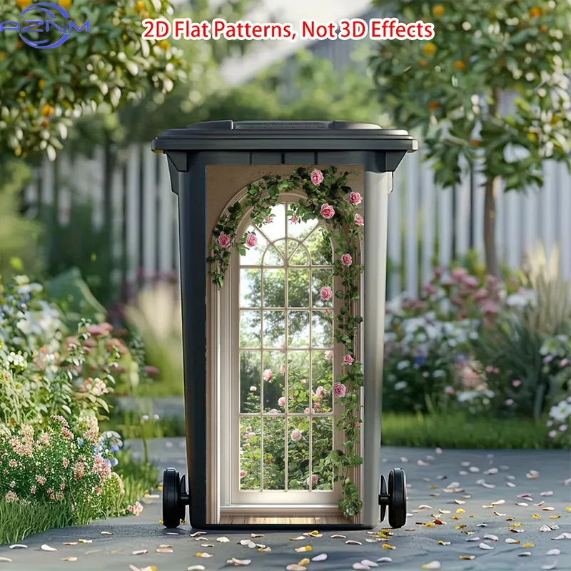 Garden View Trash Can Sticker | Climbing Roses And Pink Blooms Arched Window Decals, High-Glossy Polyvinyl, Self-Adhesive, Sui