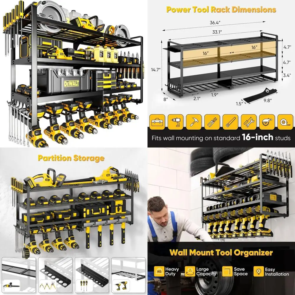 

4-Tier Heavy-Duty Metal Power Tool Organizer Wall Mount with 400 lbs Capacity, Includes 8 Cordless Drill Holders and Utility Sto