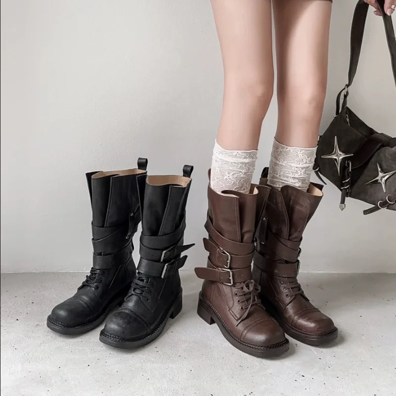 

Genuine leather Lace-up Mid-calf Boots Women Cross-belt Buckle Decoration Motorcycle Boots Chunky Heels Retro Ankle Boots