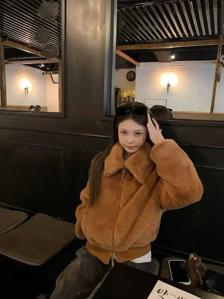Faux Lamb Coats For Women Winter Loose  Thick Warm Crop Jacket Korean Hairy Lapel All Match Fur Outerwear New
