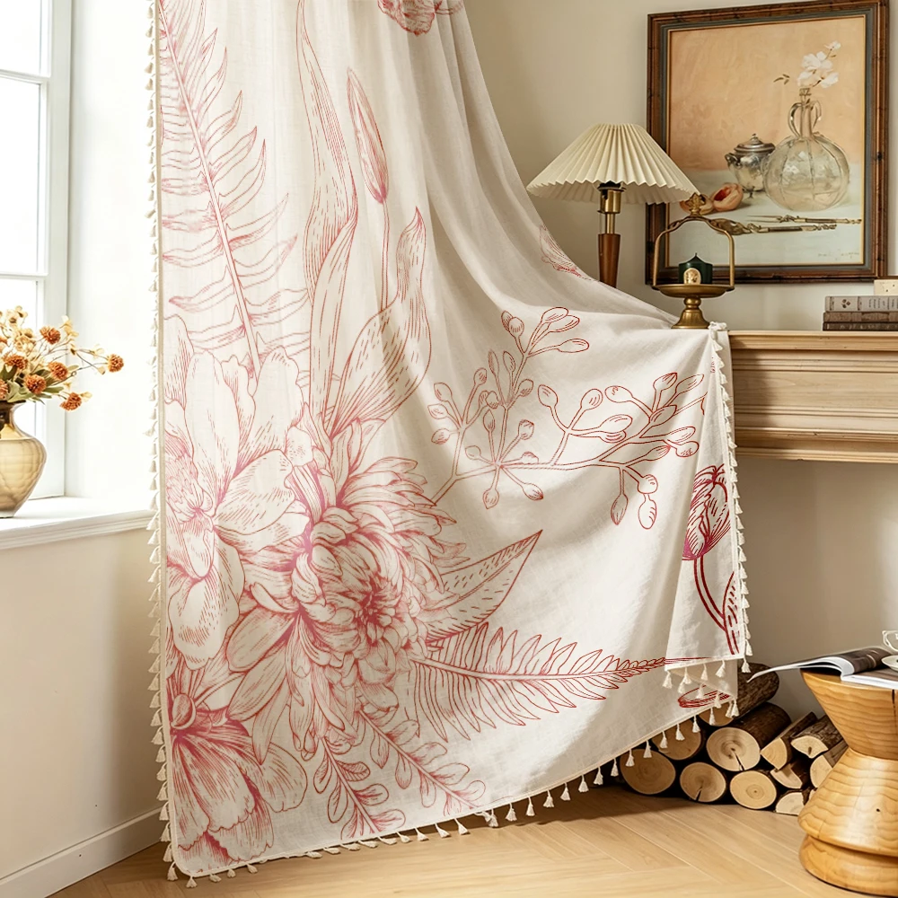 1PC Farmhouse Tassel Sheer Curtains, Red Line Floral, Digital Print, Linen Polyester, for Bedroom Living Room Window, Room Decor