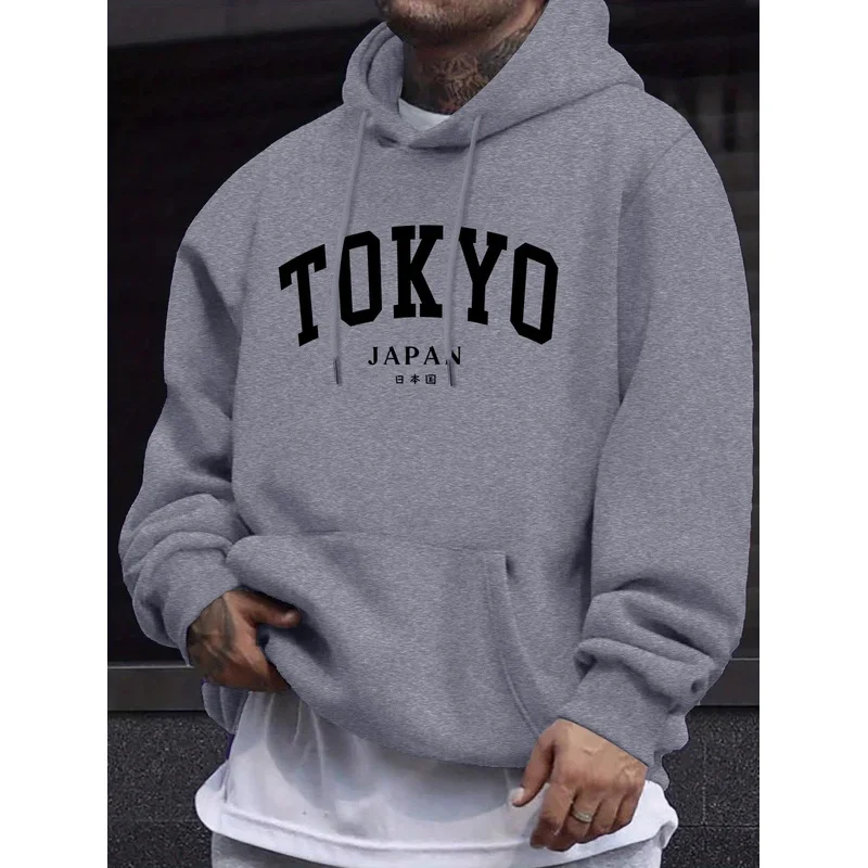 Men's Tokyo Japan Style Letter Creative Print Hoodie Autumn Winter Long Sleeved Sweatshirt Casual Comfortable Street Clothing
