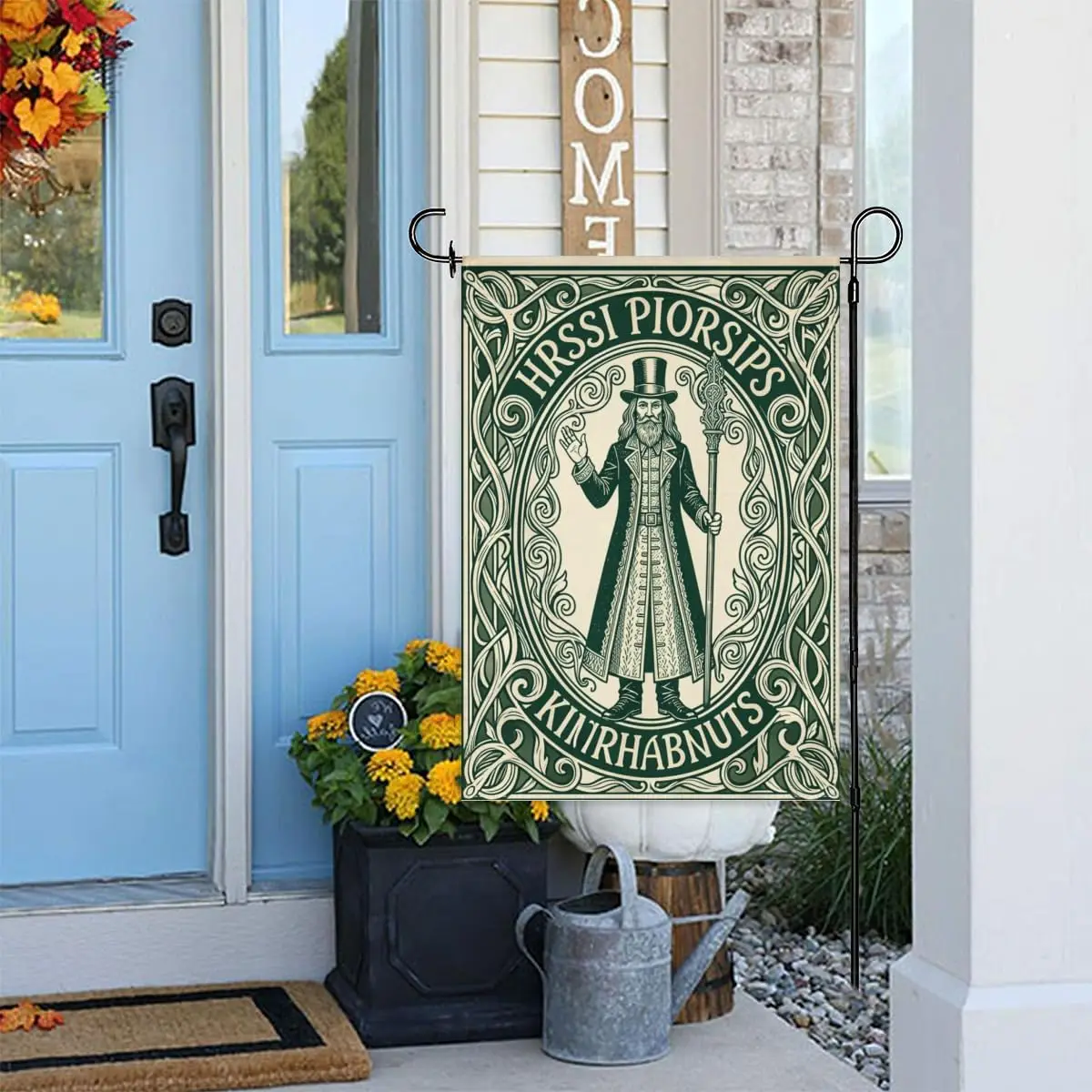 Mysterious Wizard Garden Flag 12x18 Inch Double Sided – Enchanting Old Man with Top Hat & Staff, Mystical Medieval Art O uui