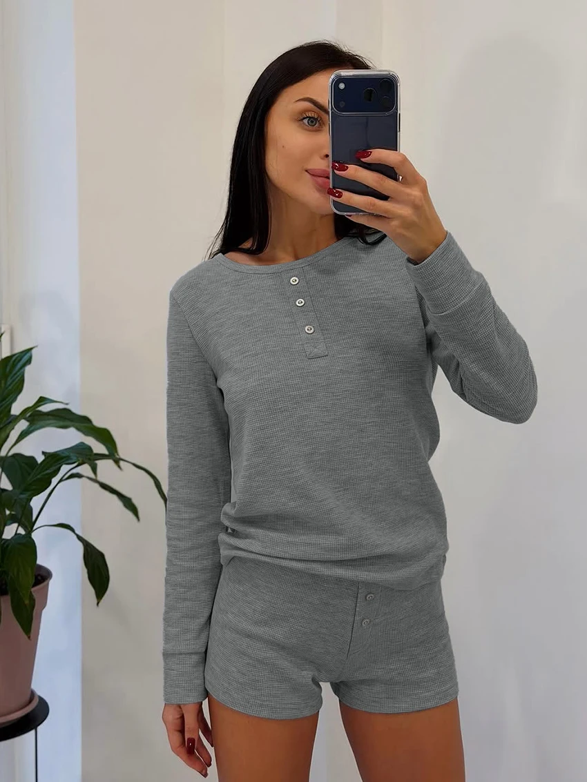 

Marthaqiqi домашняя одежда женская одежда для сна с круглым вырезом ночные рубашки с длинными рукавами шорты повседневная женская ночная рубашка женский пижамный костюм вязаный