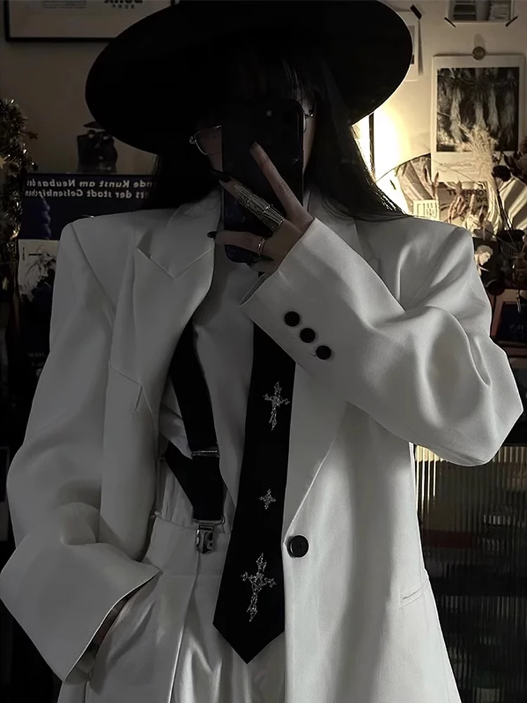 

Белый мужской повседневный костюм с наплечниками, высоким воротником, длинными рукавами, весенний, модный, из полиэфирного волокна, приталенный, на одной пуговице