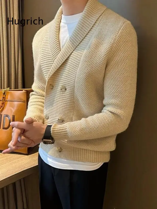 Mens Black Shawl Lapel Double Breasted Knit Cardigan Relaxed Fit Long Sleeve Daily Casual Knitted Jacket
