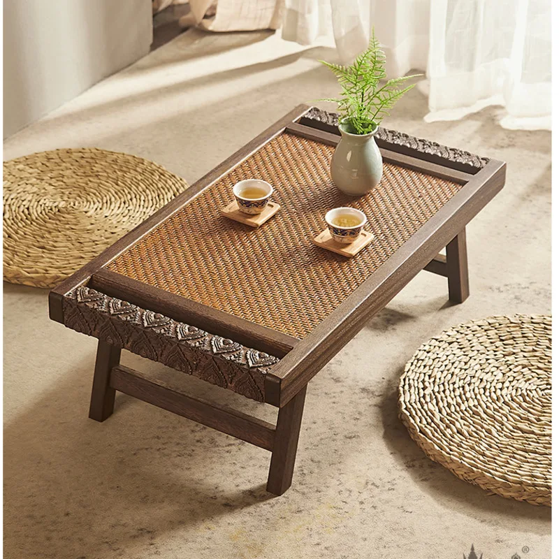 

Chinese Style Side Table for Bedroom Solid Wood Folding Room Desk Rattan Weaving Design Window Laptop Stand Home Furniture New