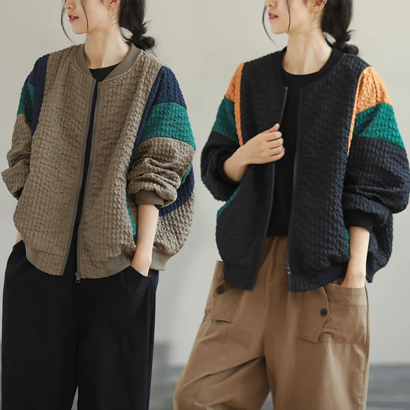 

Color Blo Bubble Print ort Jaet Large Size Women's Clothing Long Sve Zipper Open Cardigan Belly Cover Age Reduction Top