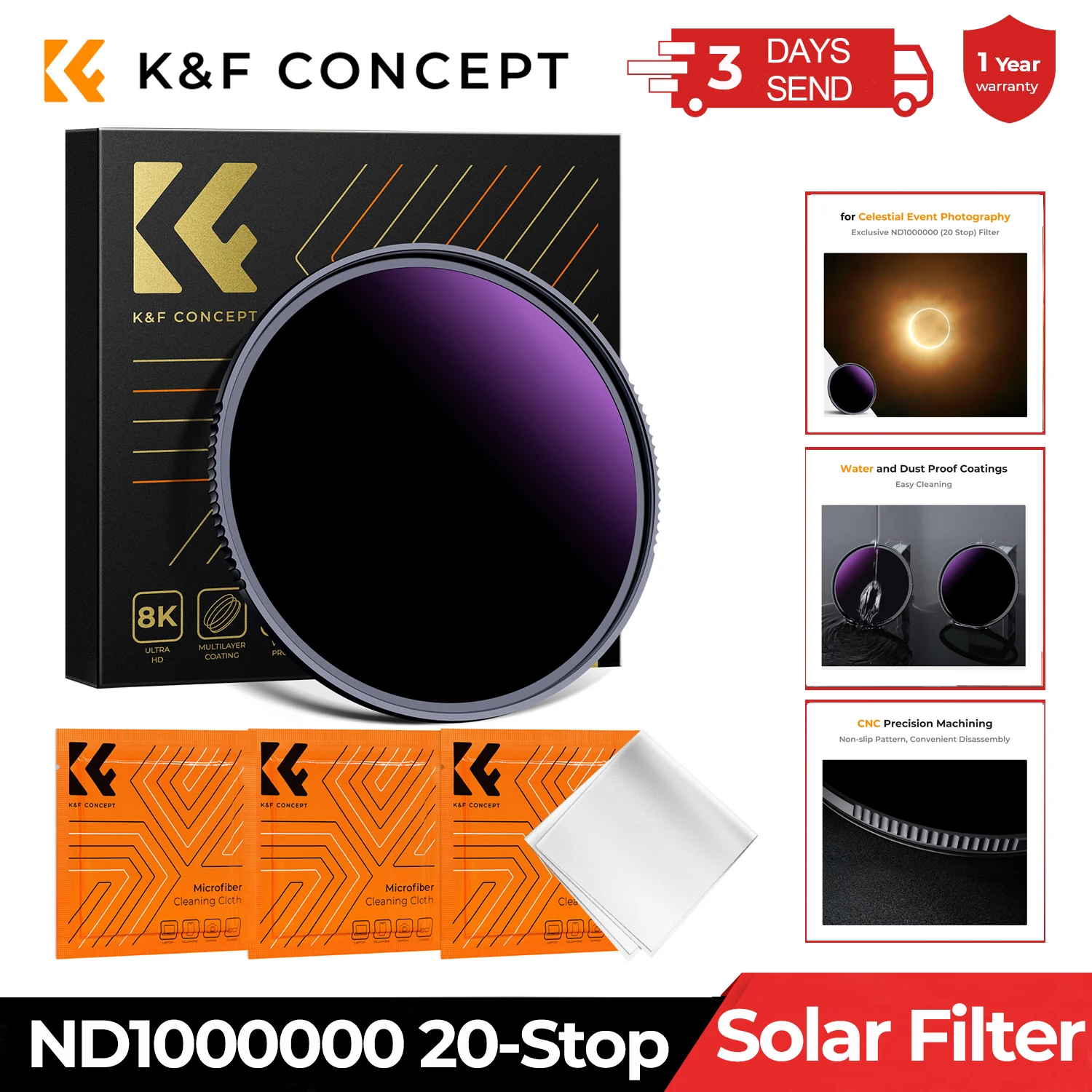 K&F CONCEPT New Solar Filter ND1000000 20-Stop Solid Neutral Density Celestial Event Photography Filters 28 Multi-Coating Nano-X