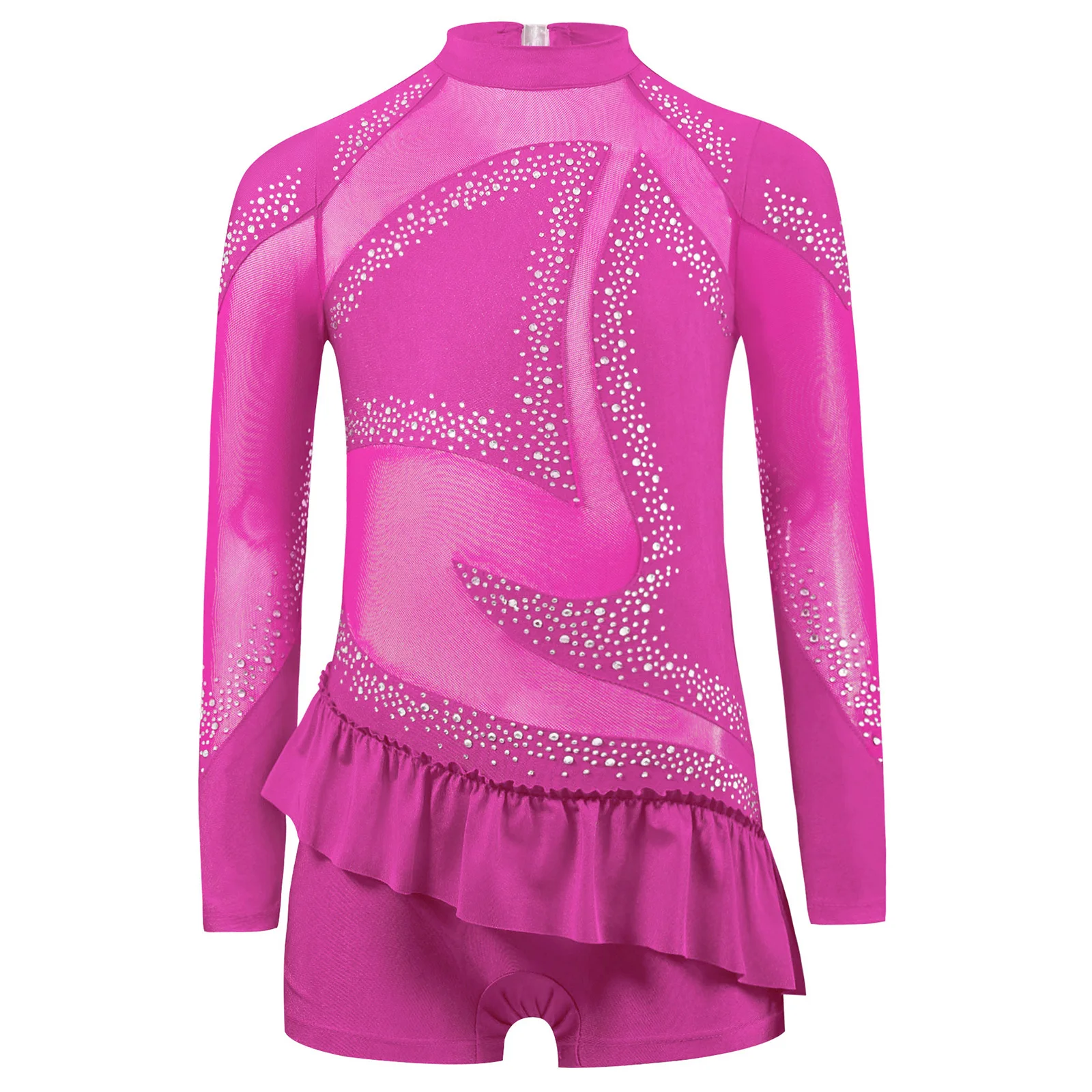 Kids Girls Ballet Jersey Leotard Rhinestone Gymnastics Artistic Skating Costume One-Piece Ruffle Hem Shorty Unitard Dancewear