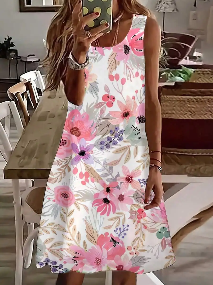 

Women Sleeveless Floral Print Summer Casual Dress For Beach Vacation