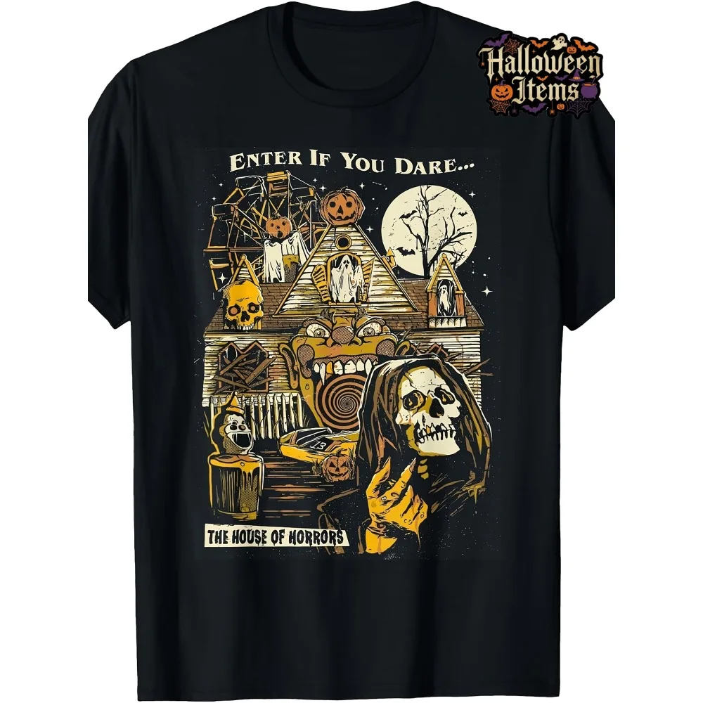 Vintage Horror Style, for Man's & Woman T-Shirt, Enter If You Dare The House Of Horrors Skeleton Haunted House Design, Halloween Party Costume Wear