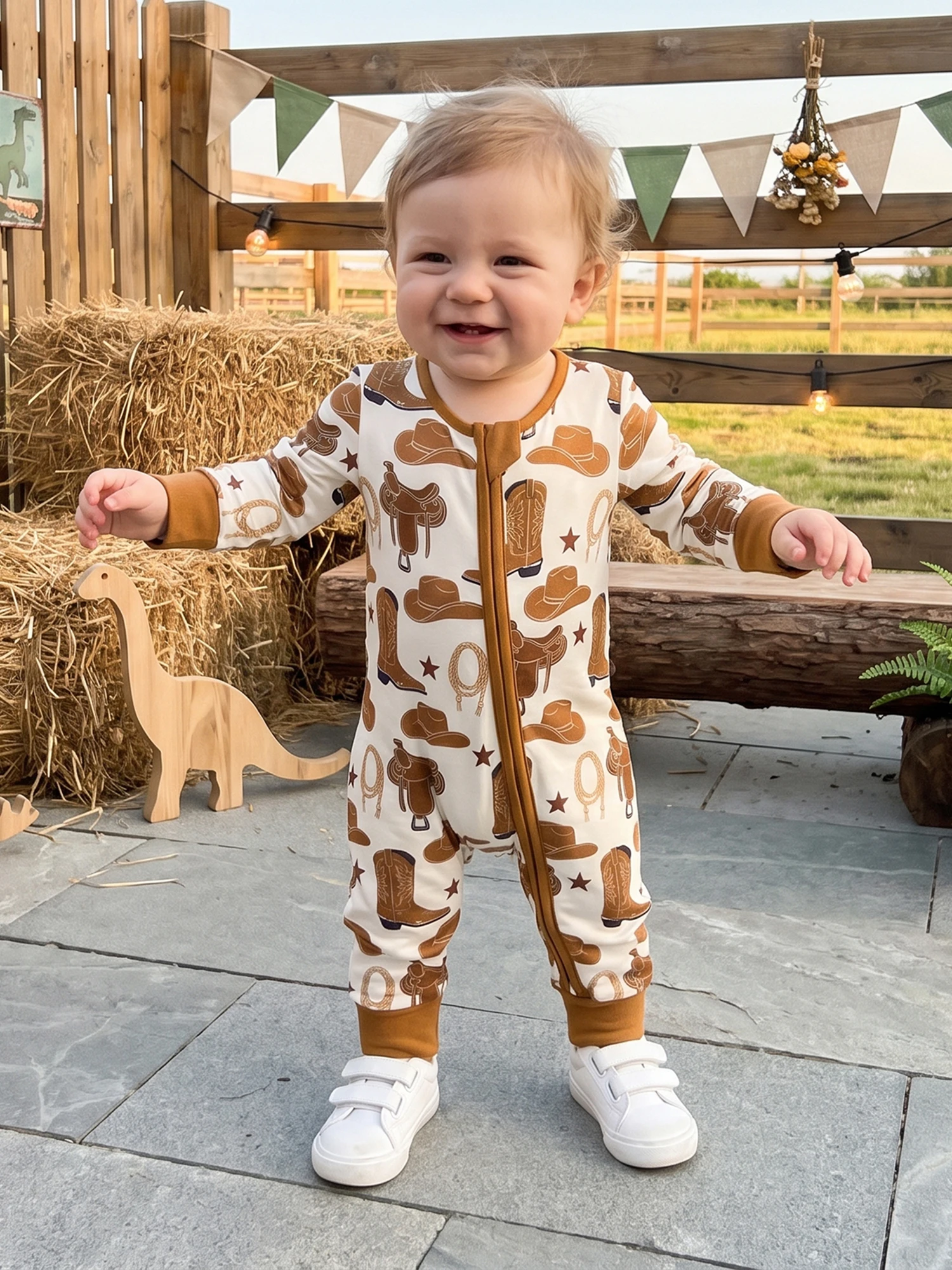 Western-Romper-Printed Sleeve-Crew-Neck Jumpsuit Neck Zipper Long Sleeve Crew Neck Zipper Jumpsuit Printed
