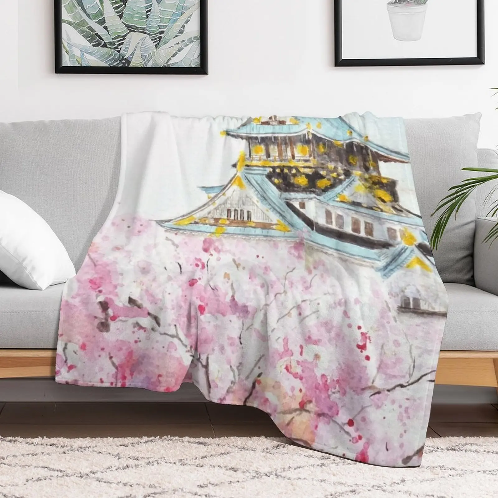 hand painted Japan Osaka castle and sakura watercolor painting Throw Blanket Summer Cool Breathable Blanket for Sleeping