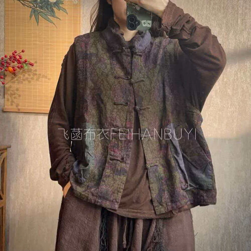 New 2026 Spring Arts Style Women Sleeveless Single Breasted Vintage Coats Jacquard Cotton Linen Vintage Print Vest Top Quality