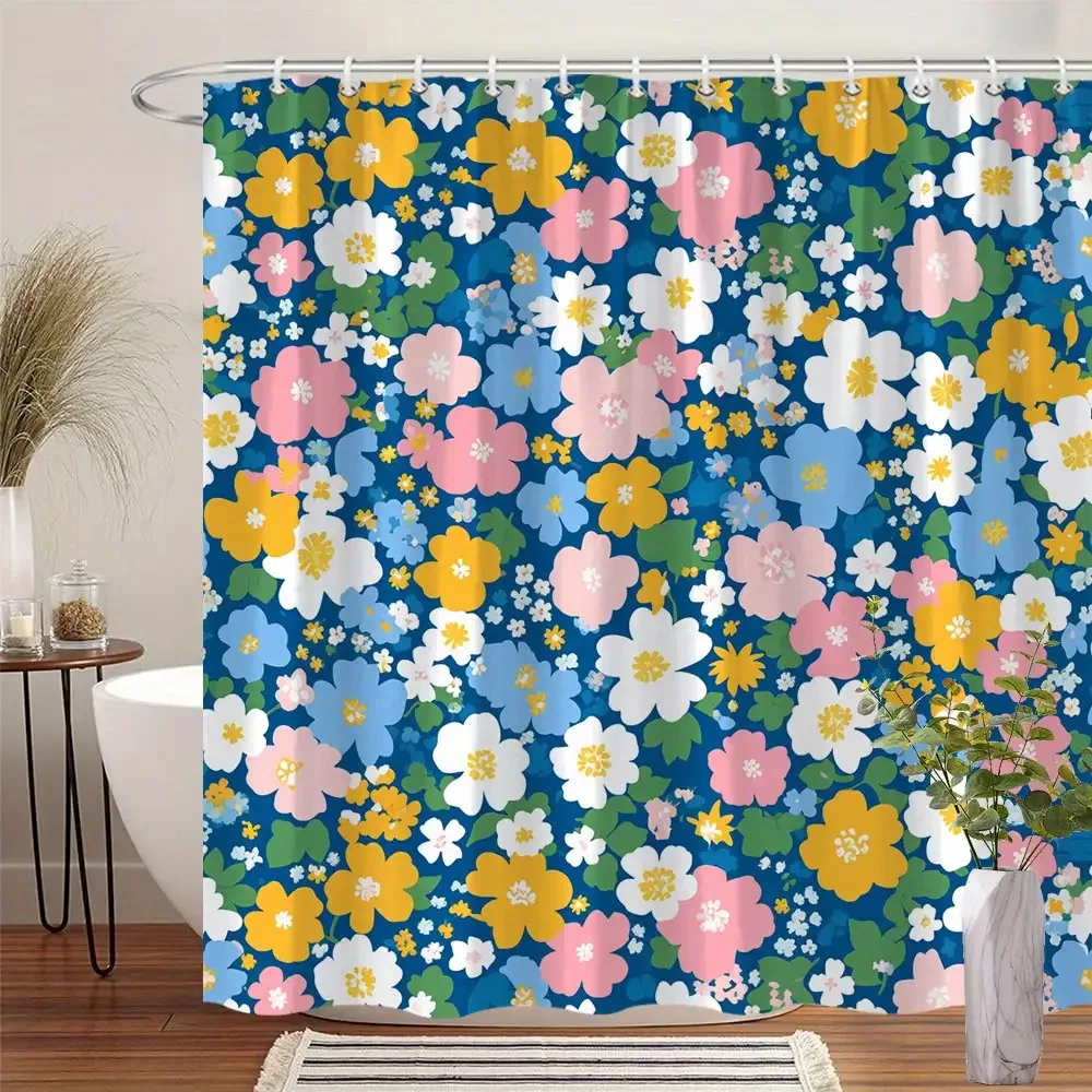 

Крючки для шторки для душа с цветочным принтом, 2D плоский принт, желтые, розовые, белые, синие цветы, зеленые листья, темно-синий фон, полиэстер, моющиеся