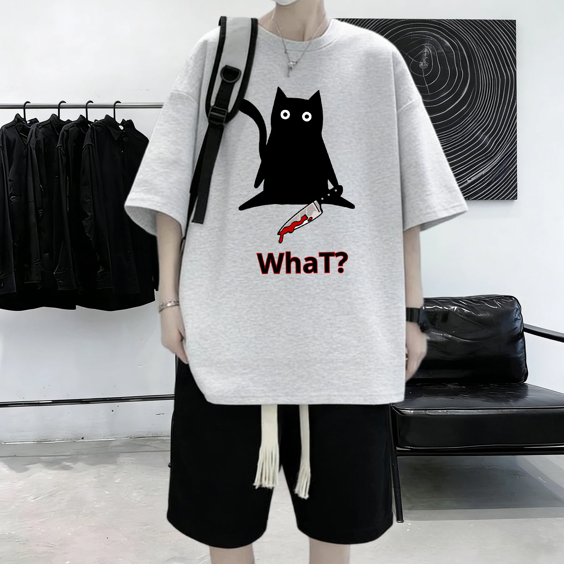 What The Cat With A Knife Printed Men Street T-Shirt Trendy O-Neck T Shirts Hip Hop Oversized Clothes Cotton Male Streetwear