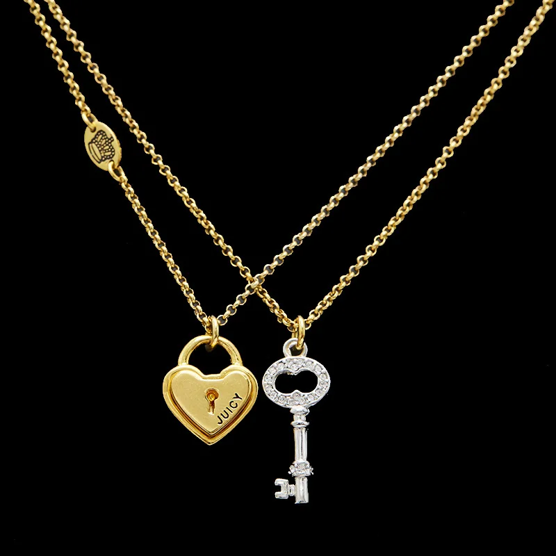 

Gold Plated Clavicle Chain Inlaid Rhinestone Heart Lock And Key Couple Necklace For Women Men Fashion Romantic Jewelry Gift