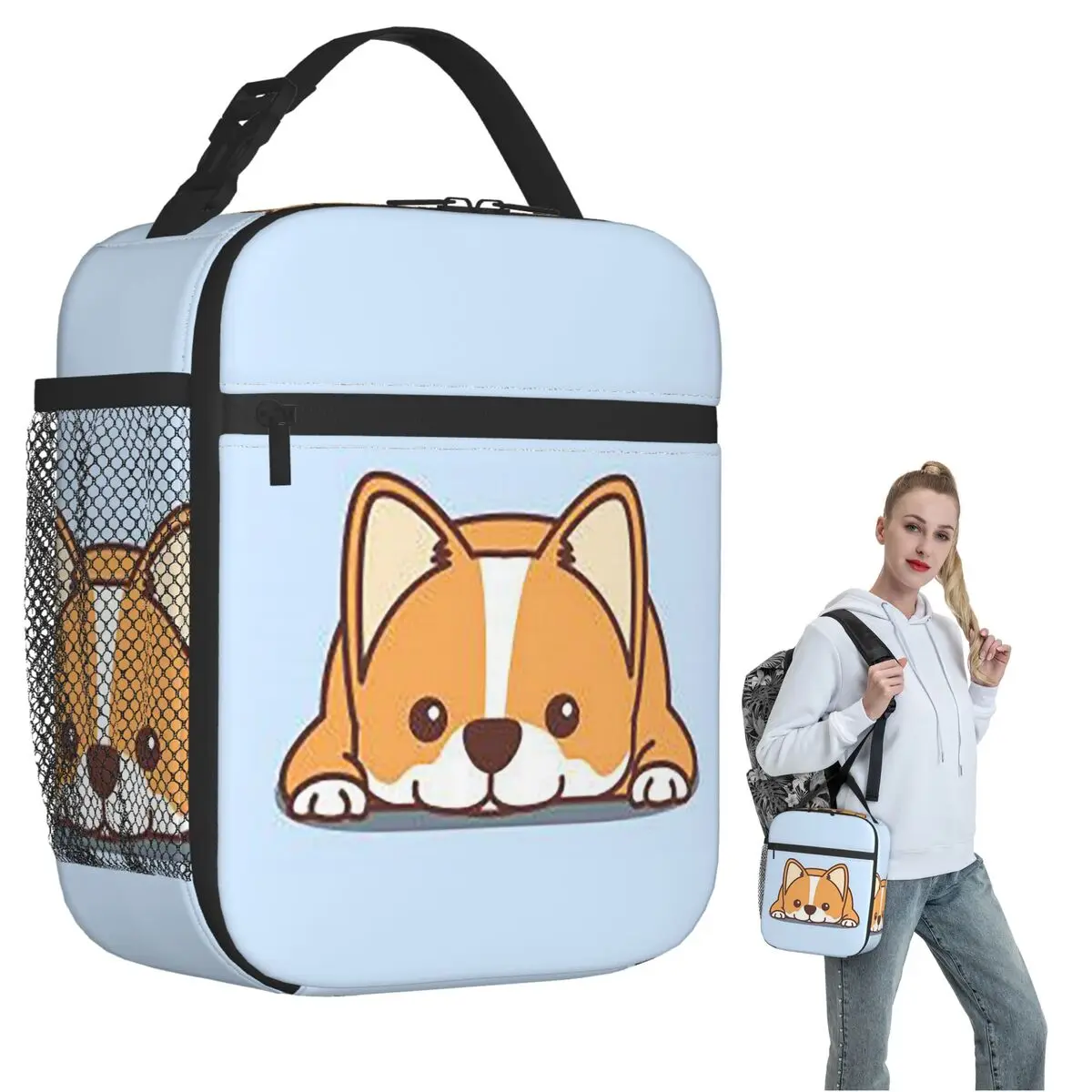 Corgi Puppy Lie Down In Blue Background Insulated Lunch Bag for Women Kids Portable Food Boxes Thermal Lunch Box Tote