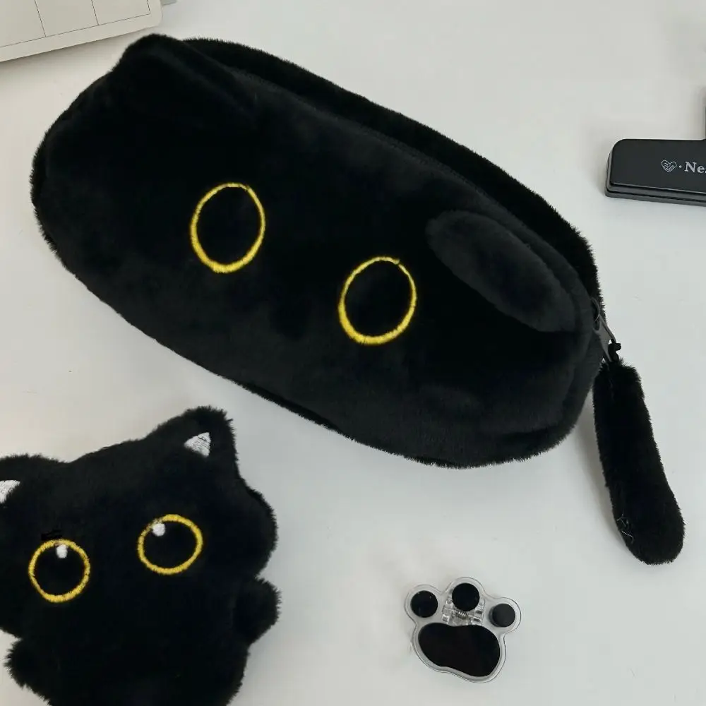 

Animal Doll Cat Plush Pencil Case Large Capacity Cute Design Black Cat Pen Bag Zipper Closure Soft Touch Stationery Storage Bag