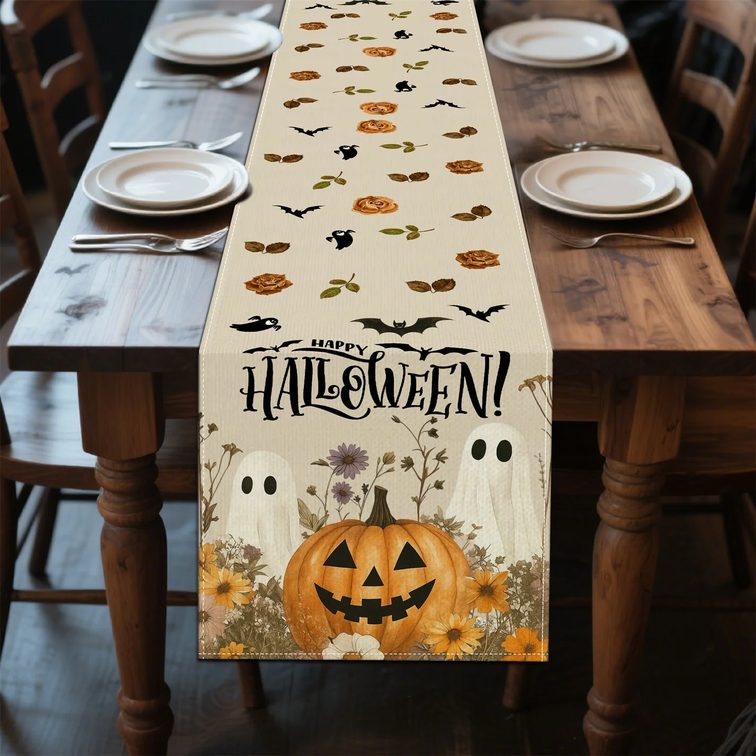 1pc Halloween Table Runner - Spooky Pumpkin & Ghosts Design with Daisies & Bats, Durable Polyester Rectangular Decor for Indoor/