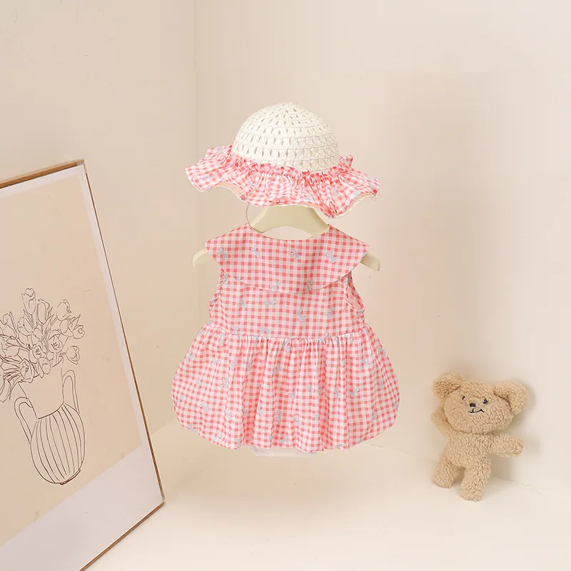 3M-3Y Sommer Süßer Stil Baby Bodysuit mit Schleife, Karomuster und Peter-Pan-Kragen, Einteiler für Mädchen, Baumwoll-Babystrampler mit Sonnenhut – Detail 2