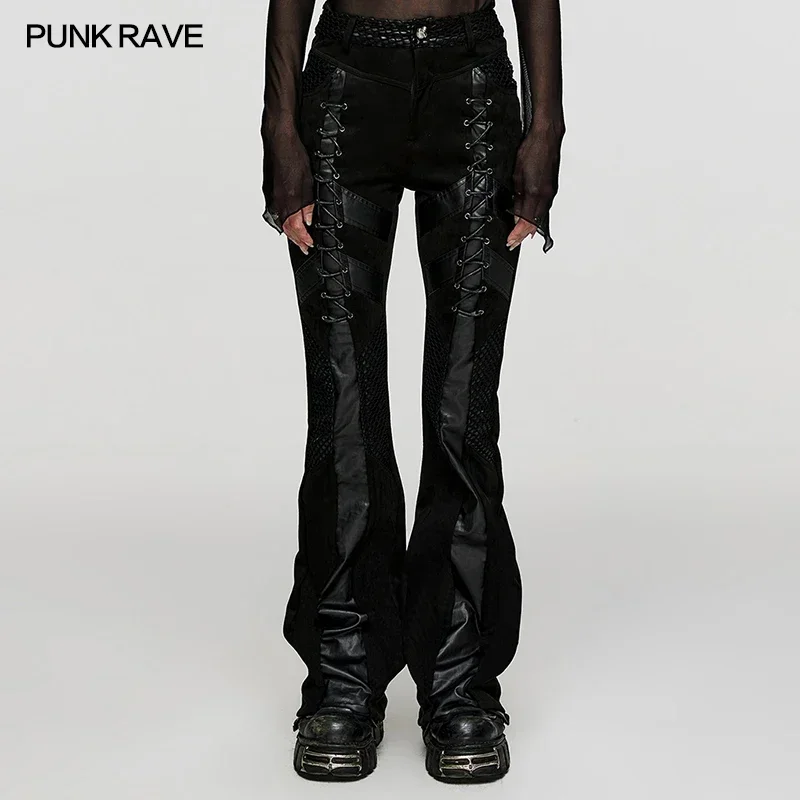 PUNK RAVE Women's Punk Dark Eyelet Drawstrings Flared Pants Gothic Personalized Leather Black Trousers Autumn/winter