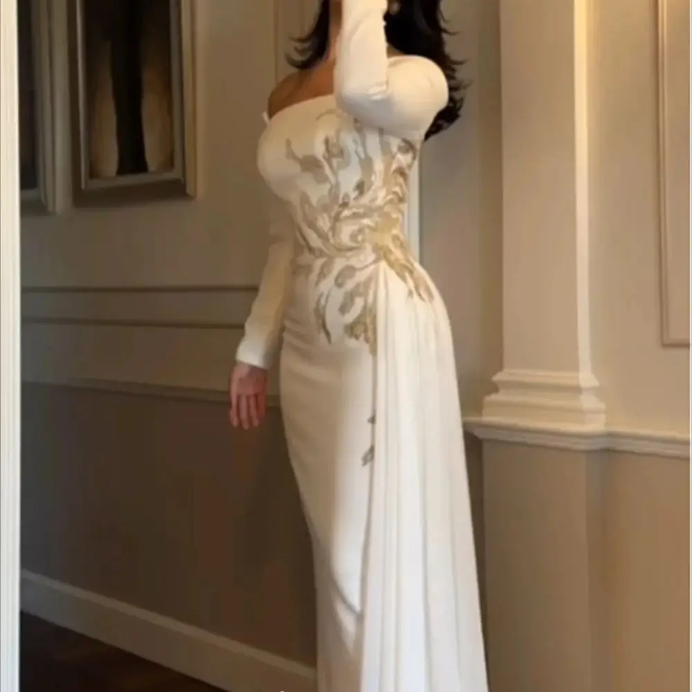 Elegant Evening Dresses For Women Party White Prom Dress Saudi Arabia Satin Beading A-line Off shoulder Bespoke Occasion Gown